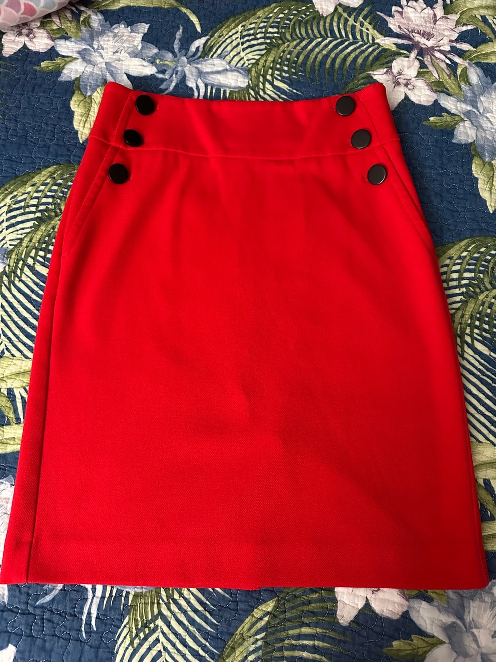 LOFT Red Pencil Skirt with Black Button Details